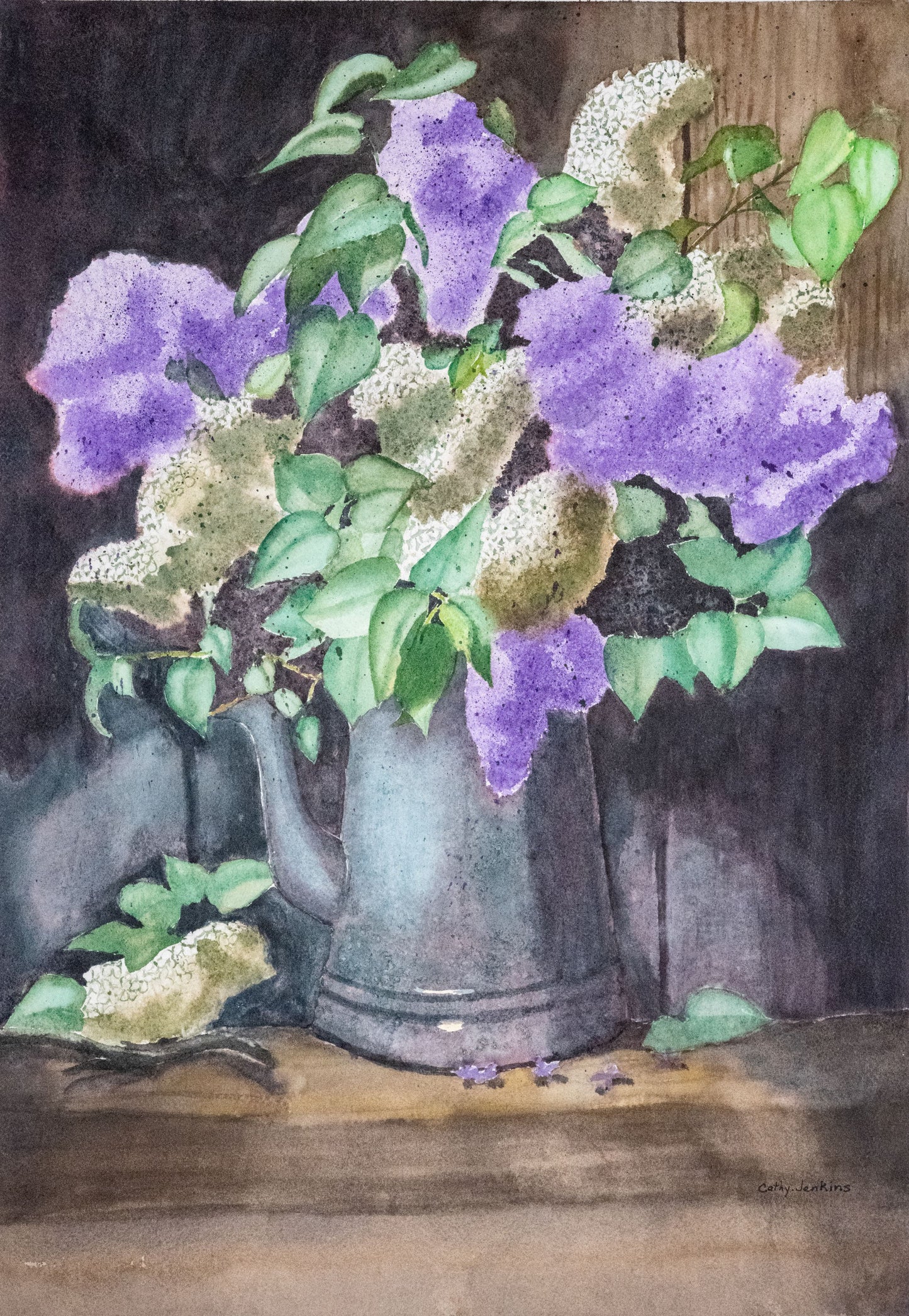 Original watercolor floral painting titled Lilacs of the Shade by Cathy Jenkins featuring purple lilacs in a rustic watering can