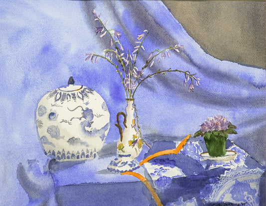 Original watercolor still life painting titled Blue China by Cathy Jenkins featuring blue-and-white ceramics, flowers, and draped blue fabric