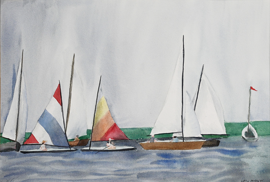 Original watercolor painting titled Boats on the Water by Cathy Jenkins featuring colorful sailboats on calm blue water.