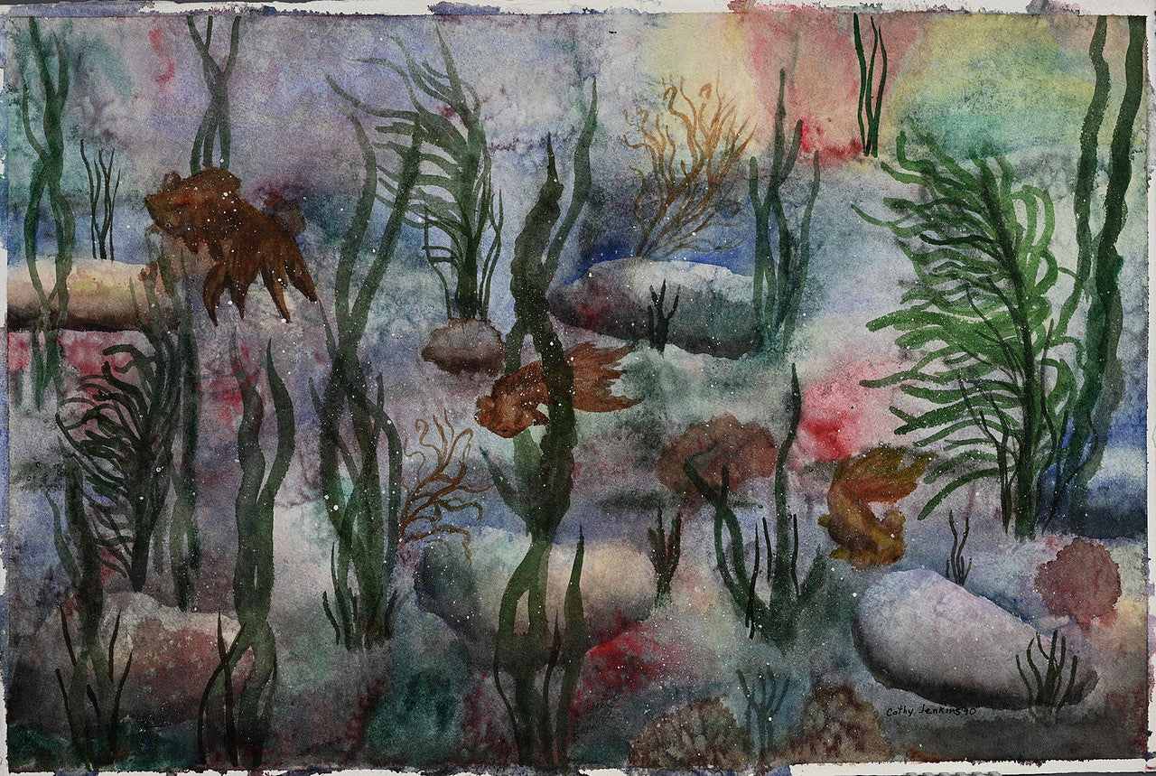 Original watercolor painting titled Bottom of the Sea by Cathy Jenkins featuring an abstract underwater seascape with sea grasses and ocean textures.