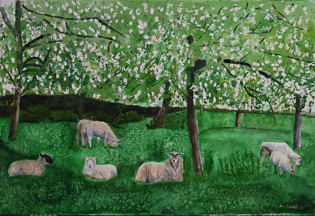 Original watercolor painting titled Comfortable Place in the Spring by Cathy Jenkins featuring sheep in a green pasture beneath blooming trees.