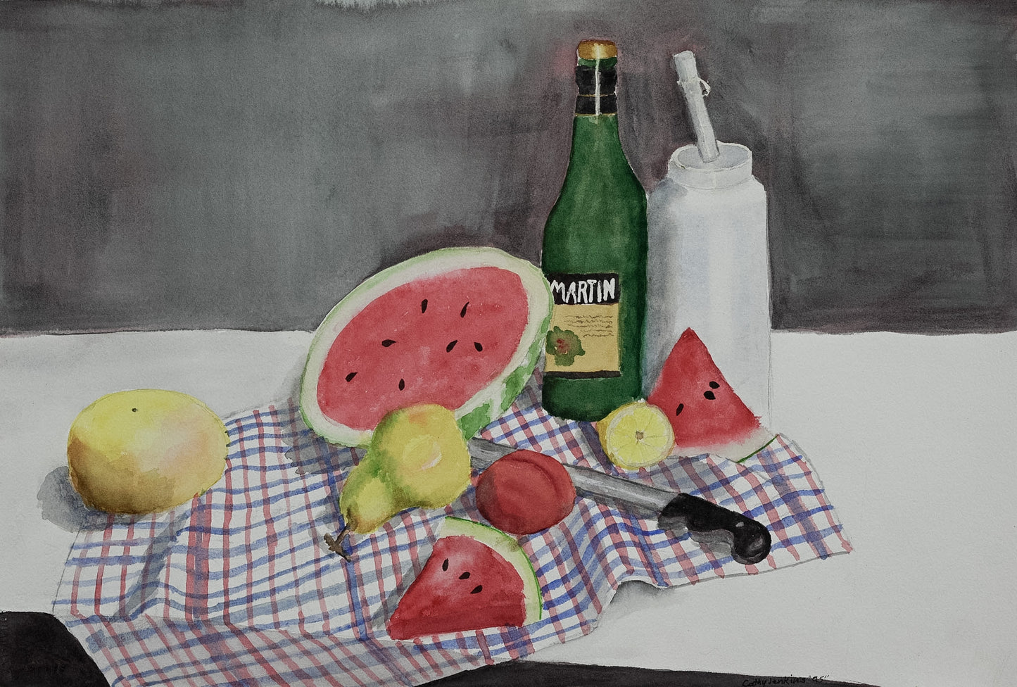 Original watercolor painting titled Cutting the Watermelon by Cathy Jenkins featuring sliced watermelon, fruit, and a checked tablecloth in a still life composition.