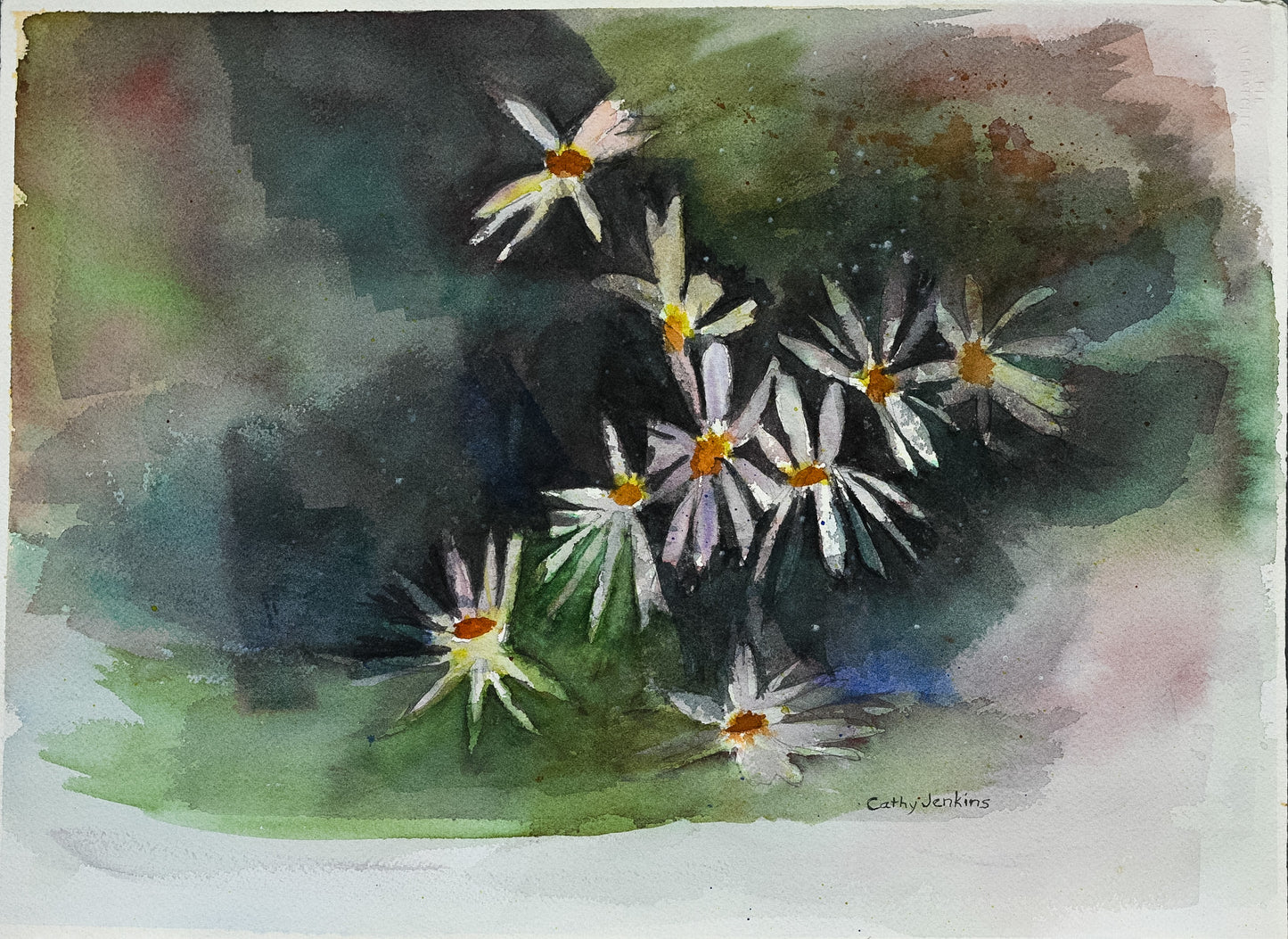Original watercolor floral painting titled Daisies by Cathy Jenkins featuring white daisies against a dark green and blue background.