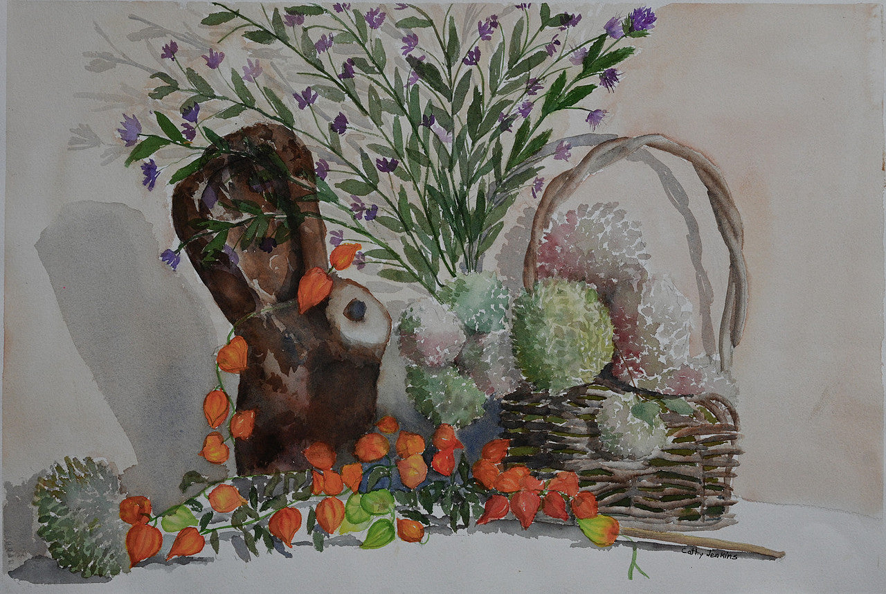 Original watercolor still life painting titled Dry Flowers by Cathy Jenkins featuring dried flowers, orange lantern pods, and woven baskets.
