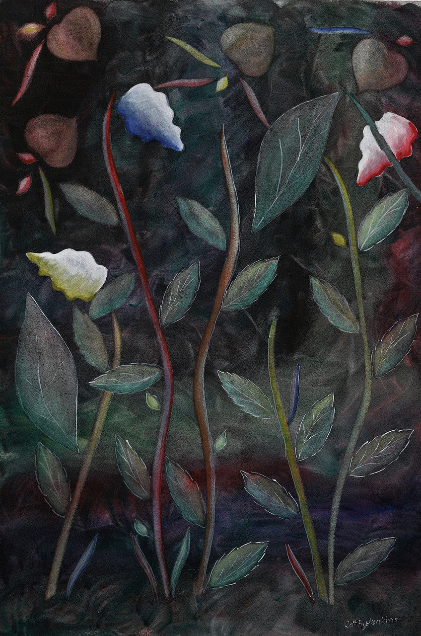 Original watercolor floral painting titled Flowers by Cathy Jenkins featuring delicate blossoms and stems against a dark atmospheric background.