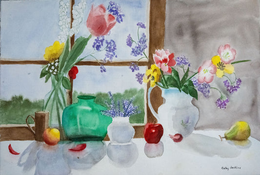 Original watercolor still life painting titled Flowers in the Window by Cathy Jenkins featuring colorful flowers, fruit, and a tabletop scene near a window.