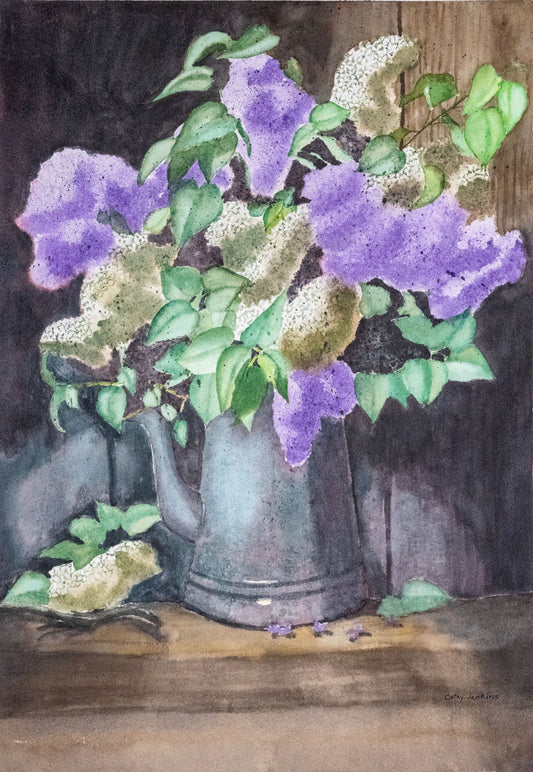 Original watercolor floral painting titled Lilacs of the Shade by Cathy Jenkins featuring purple lilacs in a rustic watering can
