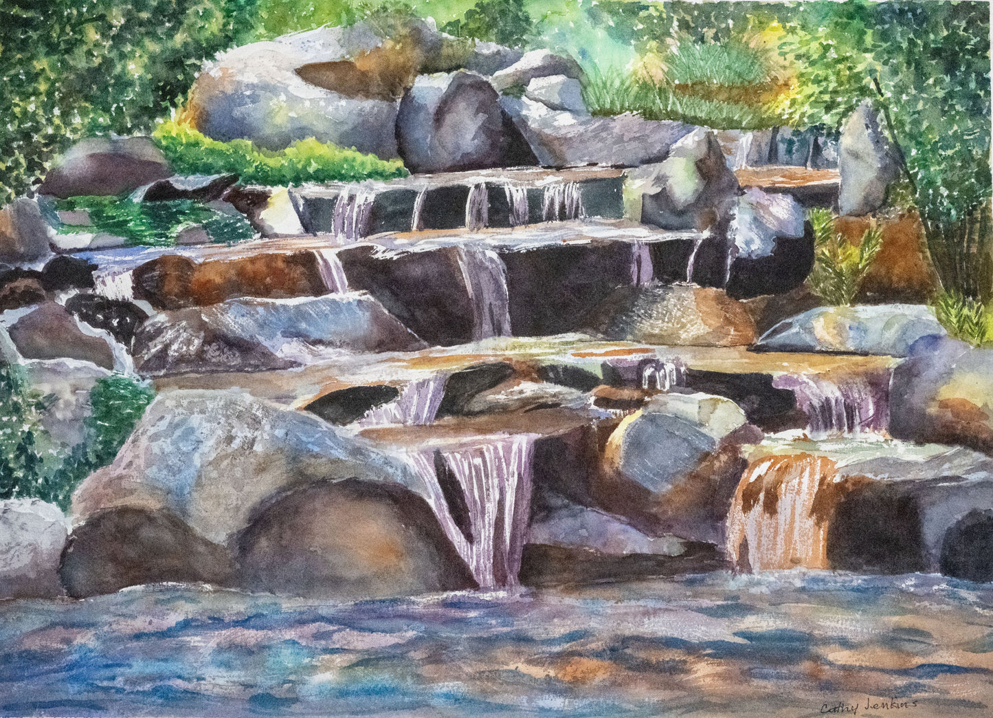 Original watercolor landscape painting titled Spring Cascade by Cathy Jenkins featuring a cascading waterfall over rocks in a lush green setting